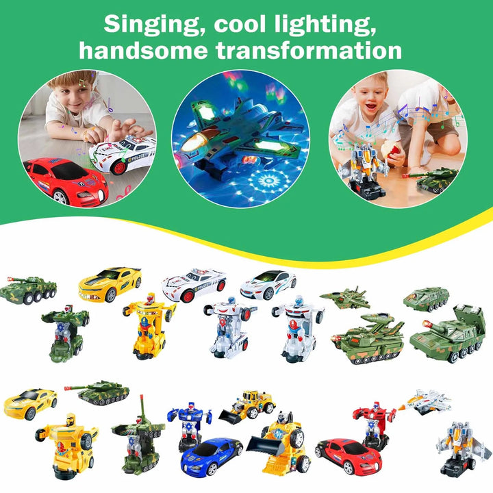 Transforming vehicle designs with children playing and a close-up of colorful toy lights