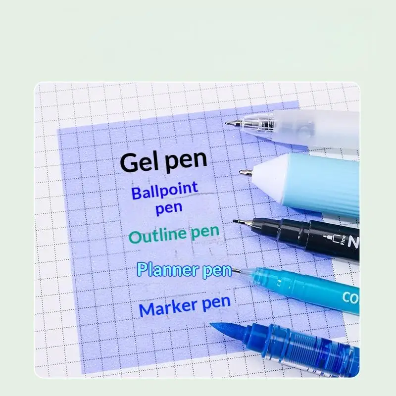 Writing samples from different pens on a blue transparent sticky note over grid paper
