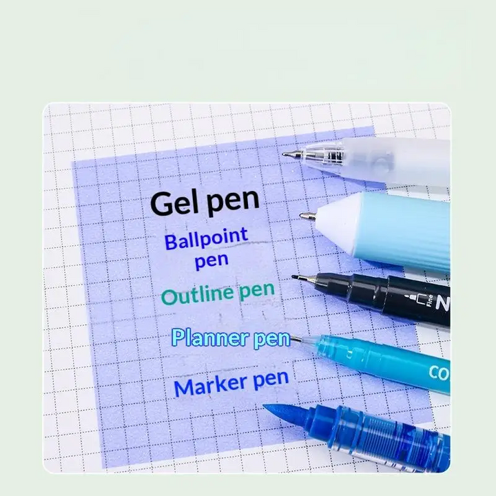 Writing samples from different pens on a blue transparent sticky note over grid paper