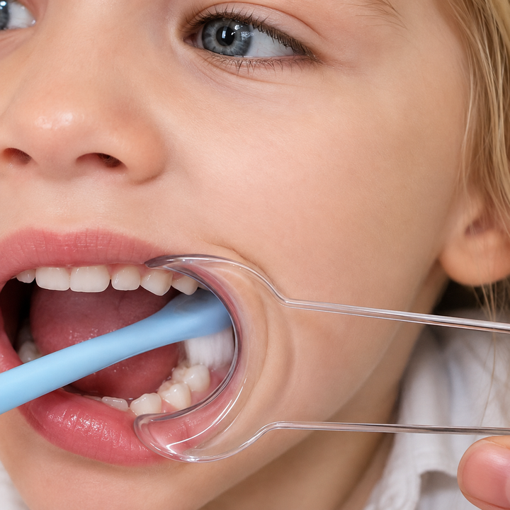 Close-up of a clear cheek retractor held beside a child&