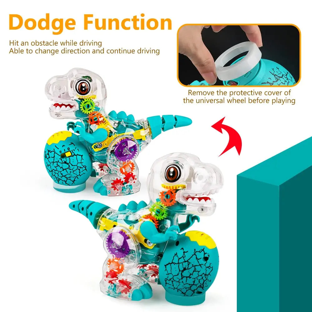 Dinosaur toy changing direction beside an obstacle, with a close-up of the underside wheel cover