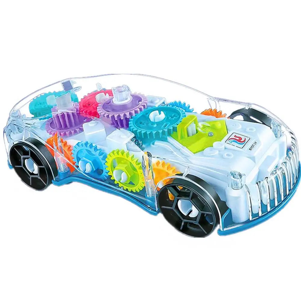 Angled view of the transparent racing car with colorful inner gears and black wheels