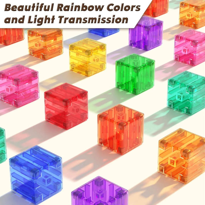 Transparent magnetic cubes in rainbow colors casting colored shadows in sunlight.