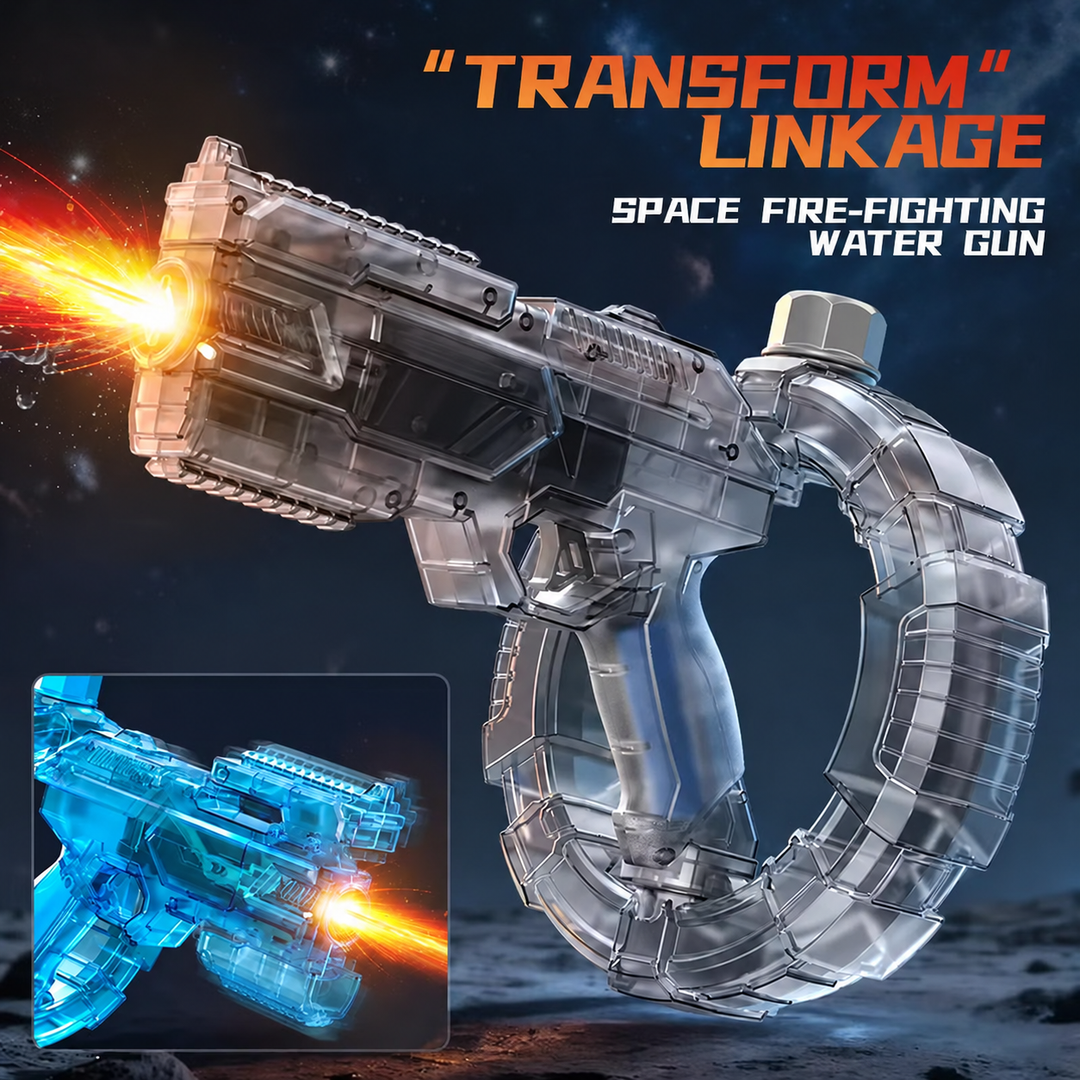 Transparent gray water gun with a circular reservoir and a blue model shown in an inset