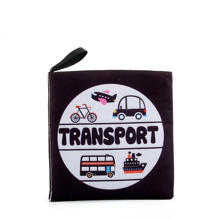 Transport fabric book with bicycle, airplane, car, train and boat illustrations