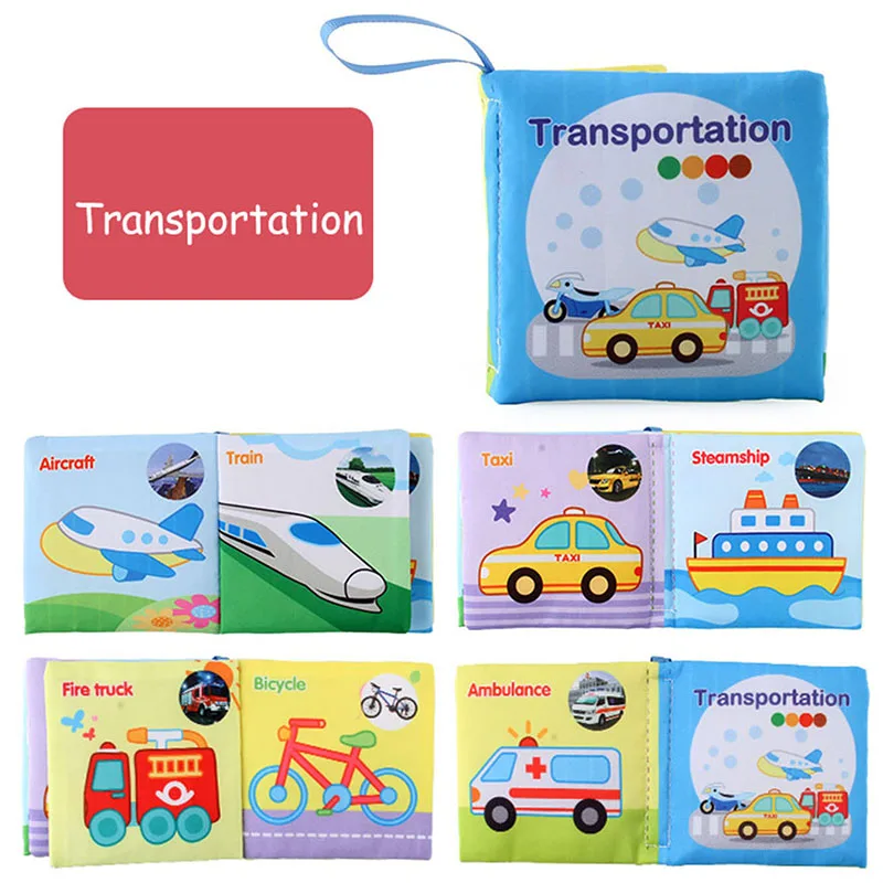 Transportation fabric book with illustrated planes, trains, taxis, ships, and emergency vehicles.
