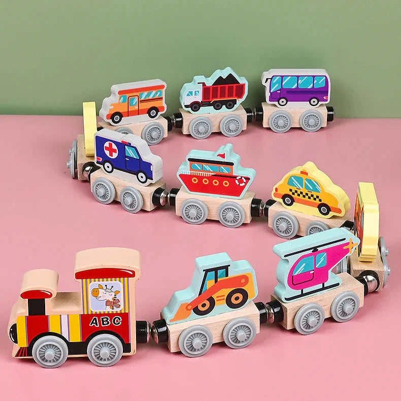 Wooden transportation train with ambulance, boat, taxi, and helicopter cars
