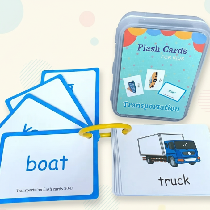 Transportation flash cards showing boat and truck, with a ring and storage case.