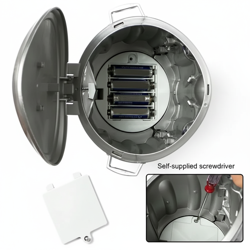 Open battery compartment inside the trash can game, with a screwdriver shown in the inset.