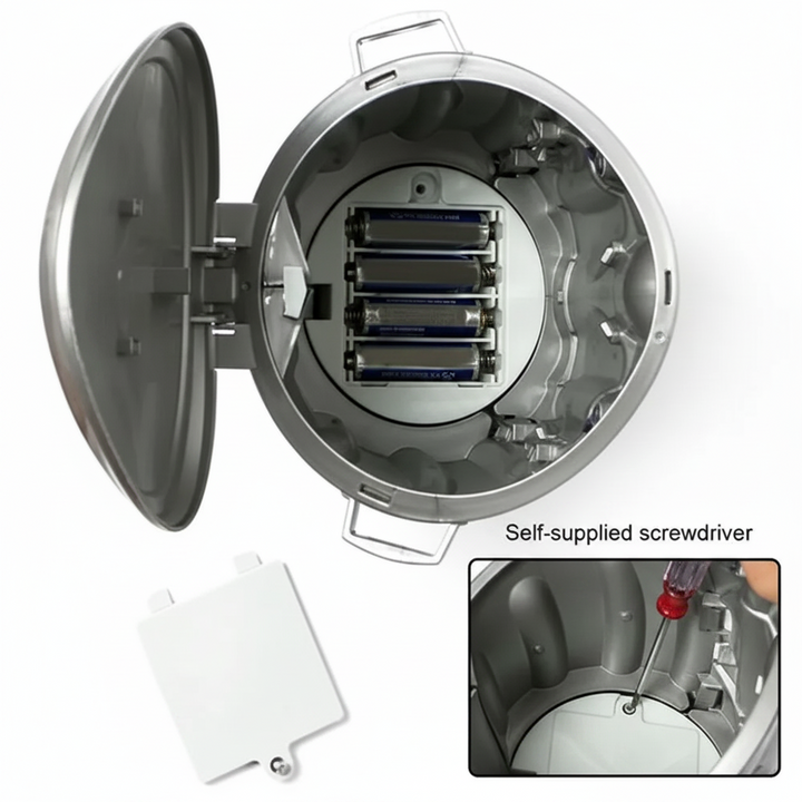 Open battery compartment inside the trash can game, with a screwdriver shown in the inset.