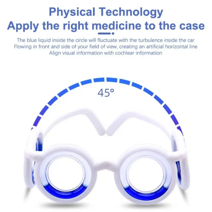 White lens-free travel glasses shown beneath a 45-degree tilt diagram