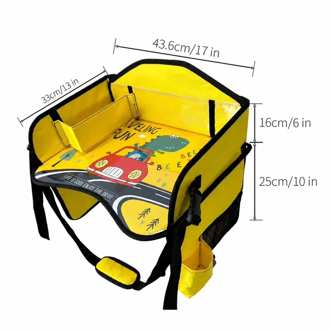 Yellow travel tray measurement diagram showing a 43.6 cm width, 33 cm depth and side storage