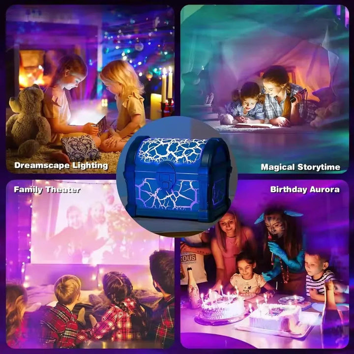 Treasure-chest night light shown during storytime, movie time and birthday gatherings