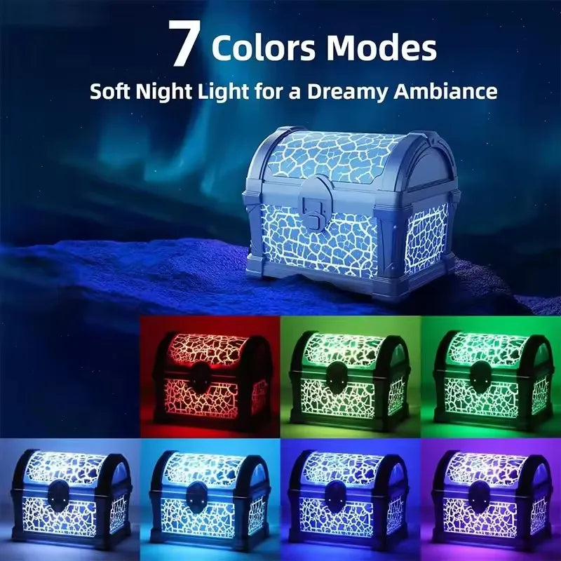 Closed treasure-chest night light showing multiple colored glow options