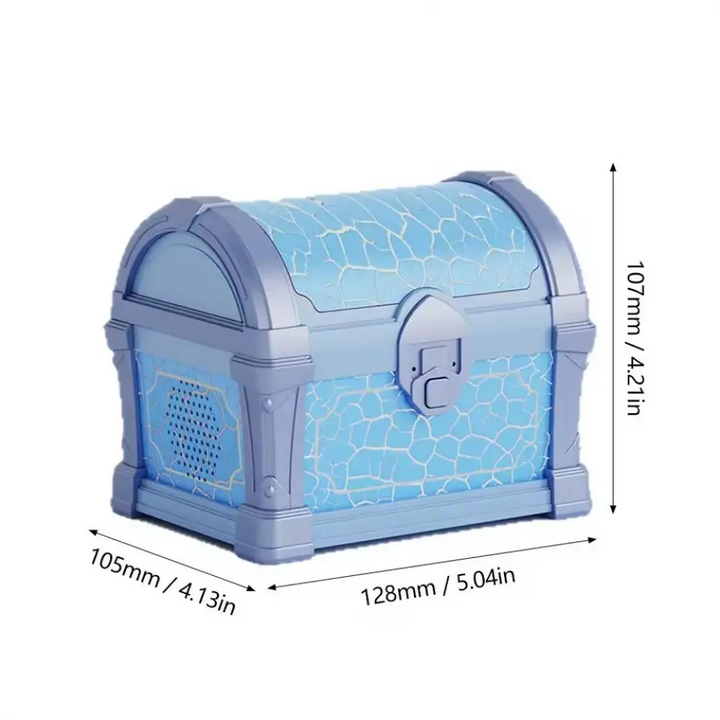 Blue treasure-chest night light measuring 128 mm wide, 105 mm deep and 107 mm tall