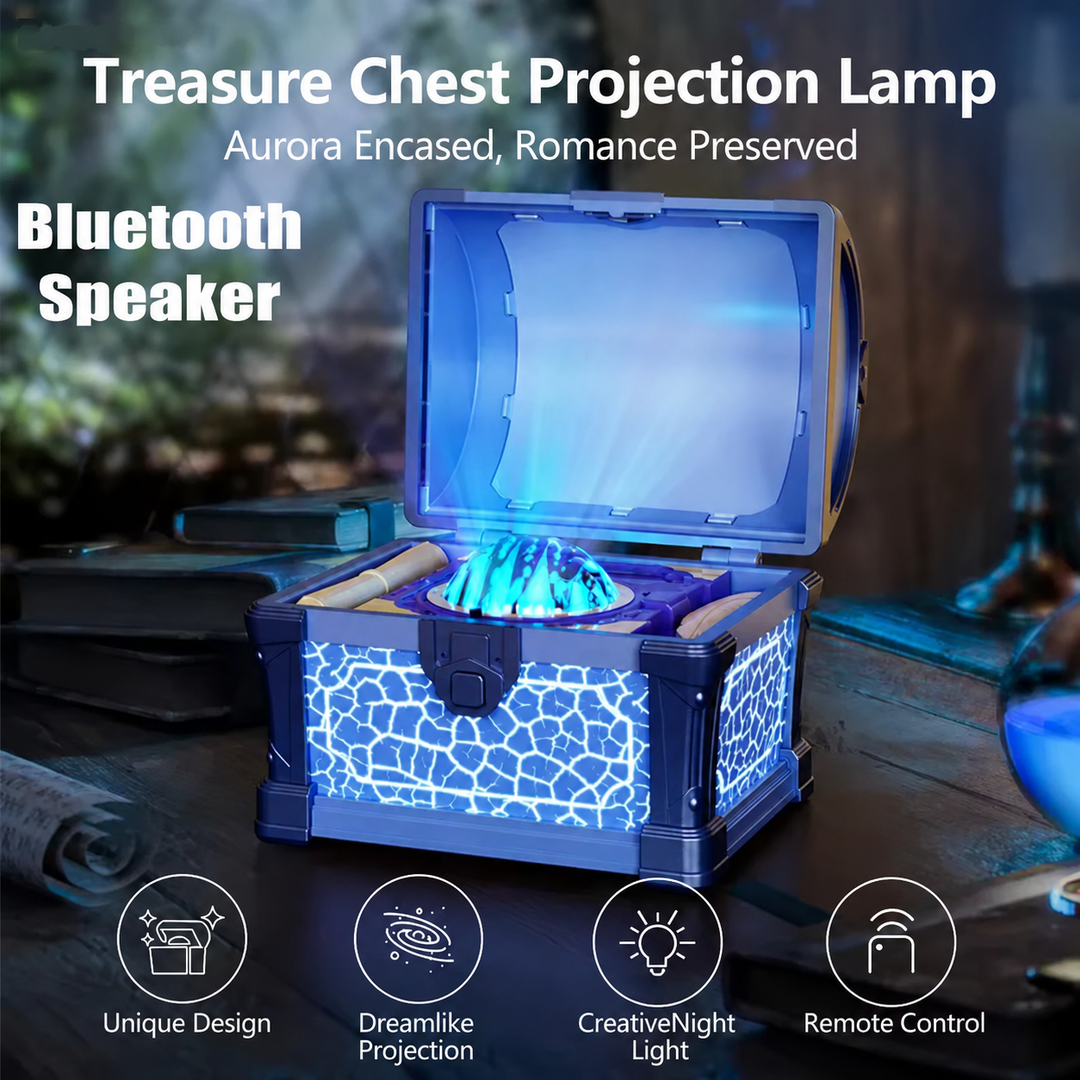Feature graphic showing a treasure-chest projection night light with Bluetooth audio and remote control