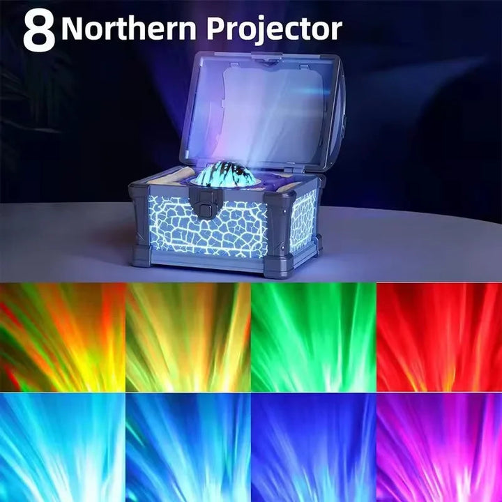 Open treasure-chest projector with eight colorful projection examples