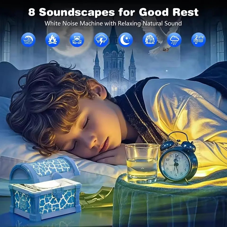 Child resting beside a treasure-chest night light, with eight sound options illustrated above
