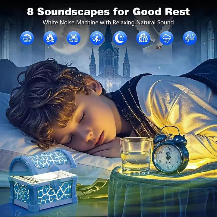 Child resting beside a treasure-chest night light, with eight sound options illustrated above