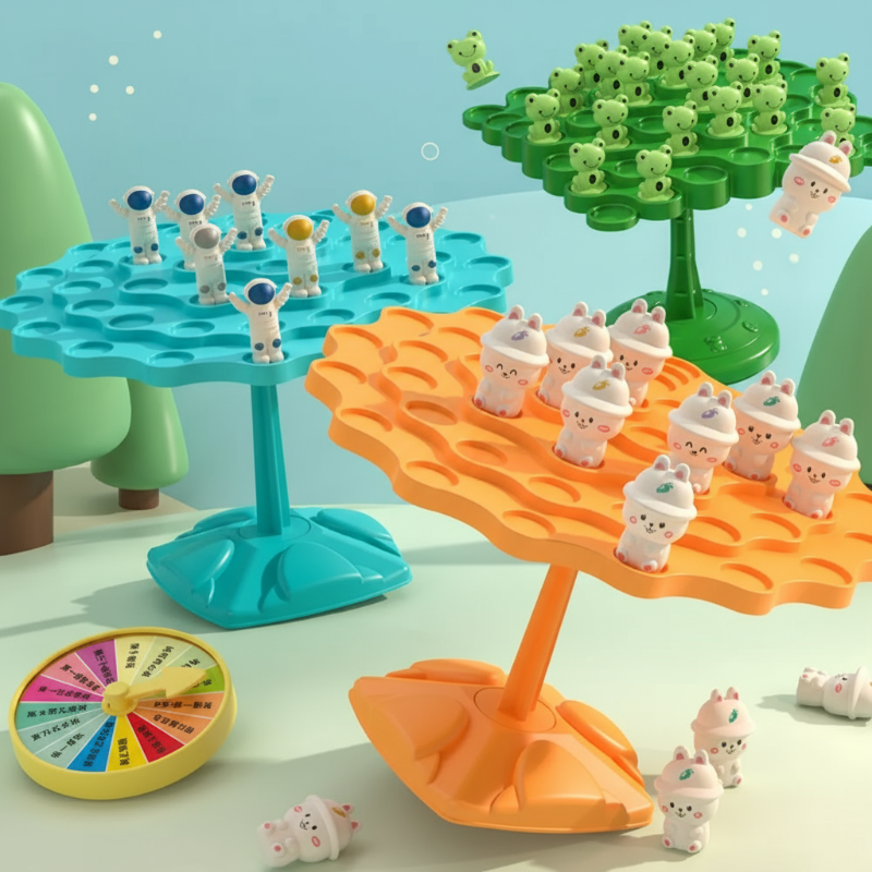 Blue astronaut, green frog, and orange rabbit balance trees with character figures and a spinner