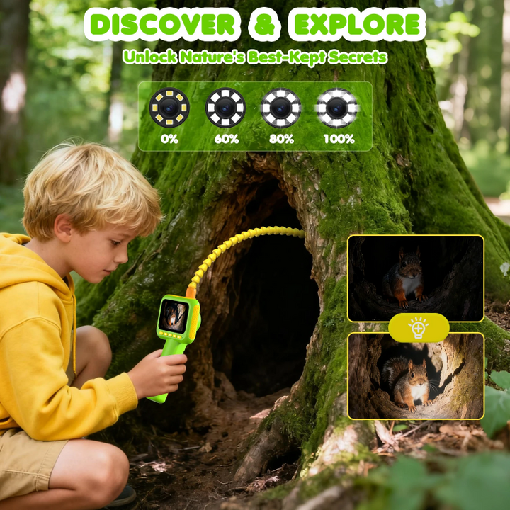 Child examining a tree hollow with the borescope beside an LED brightness adjustment graphic