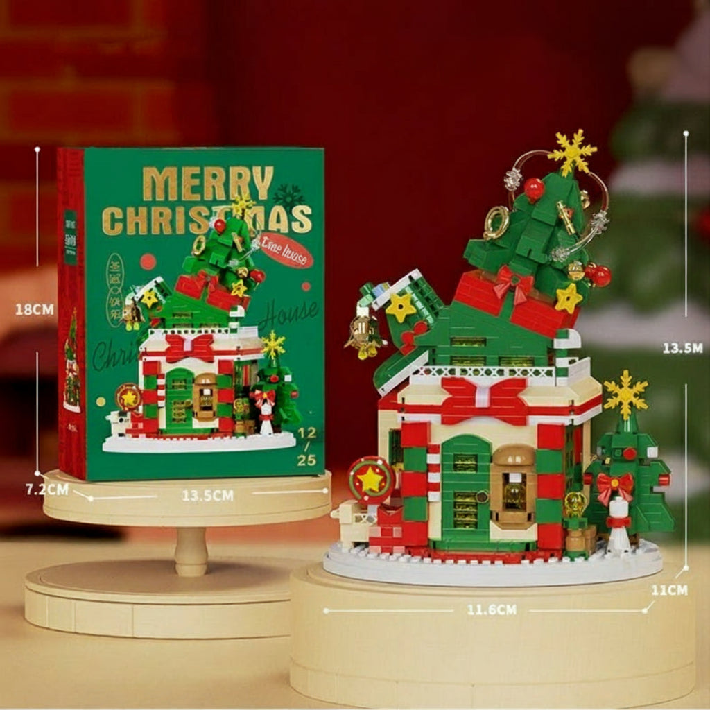 Tree-topped Christmas block house and packaging with measurement labels