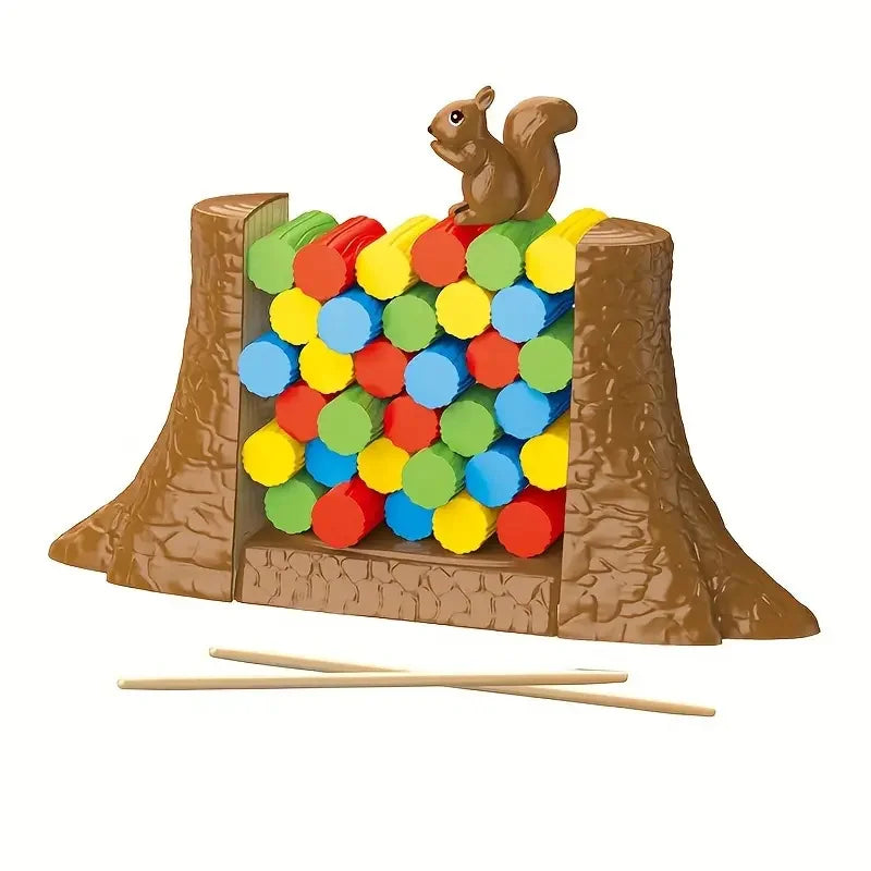 Squirrel balancing game with colorful tokens in a stump-shaped frame and sticks beside it