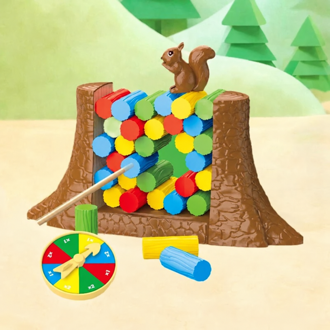 Stick pushing a blue token from the squirrel balancing game beside a colorful spinner