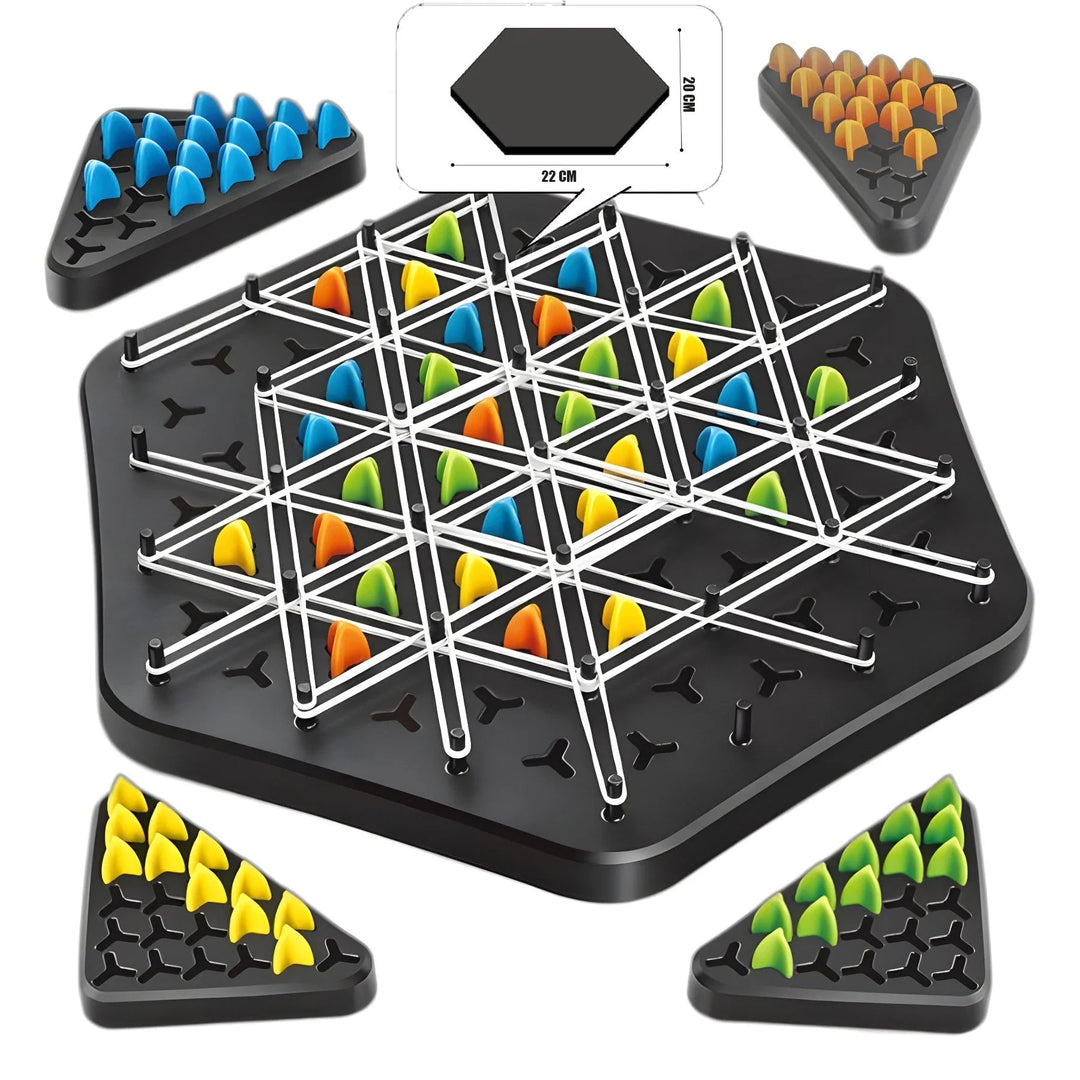 Black triangle strategy board with rubber bands, colorful pieces, four player trays, and a dimension diagram