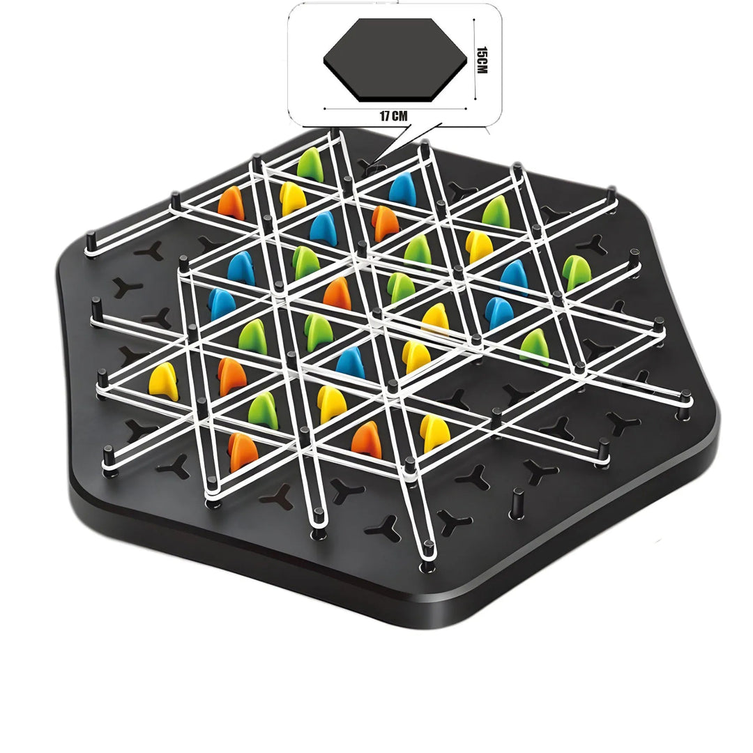 Compact black strategy board with colorful pieces, stretched rubber bands, and a dimension diagram