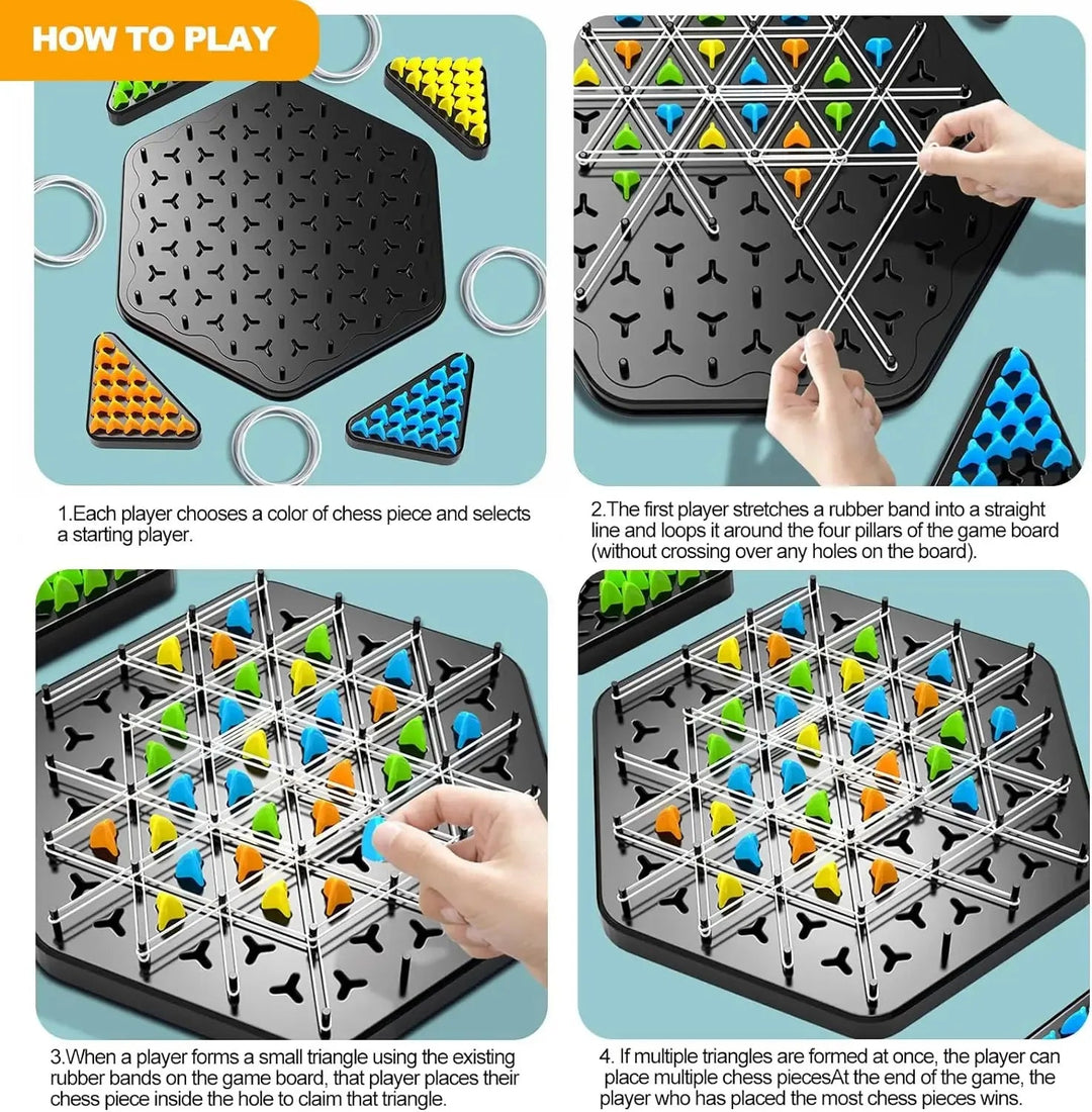 Four-panel guide showing color selection, rubber band placement, triangle claiming, and the completed board