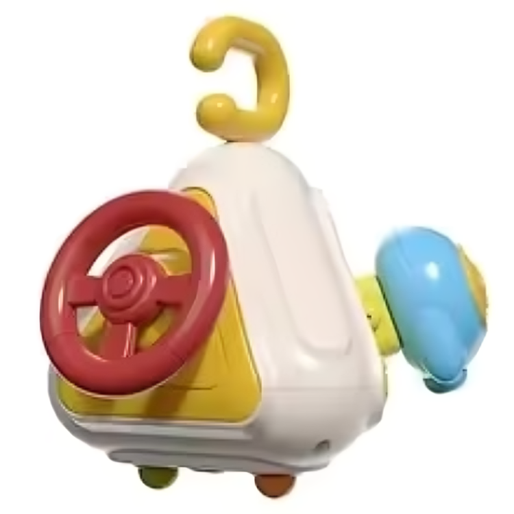 Triangle style with a red steering wheel, yellow hook, and blue and yellow side control