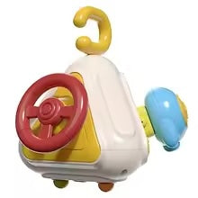Triangular activity toy with a yellow hanging hook, red steering wheel, and blue side piece