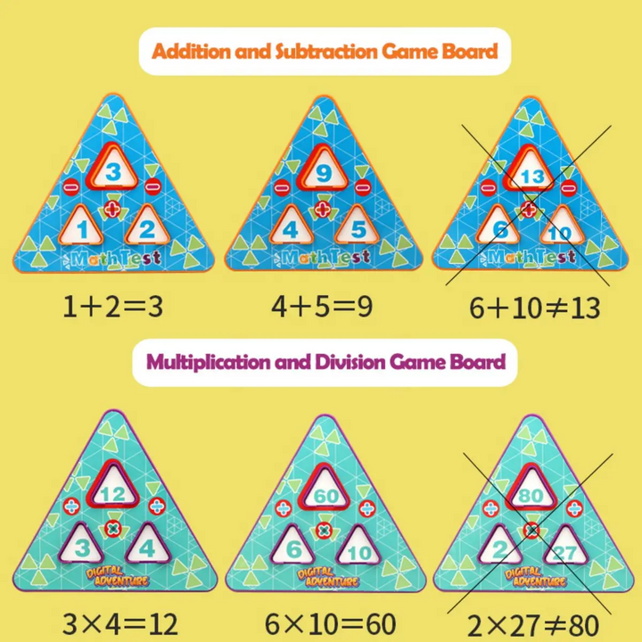 Arithmetic examples on triangular addition, subtraction, multiplication, and division boards