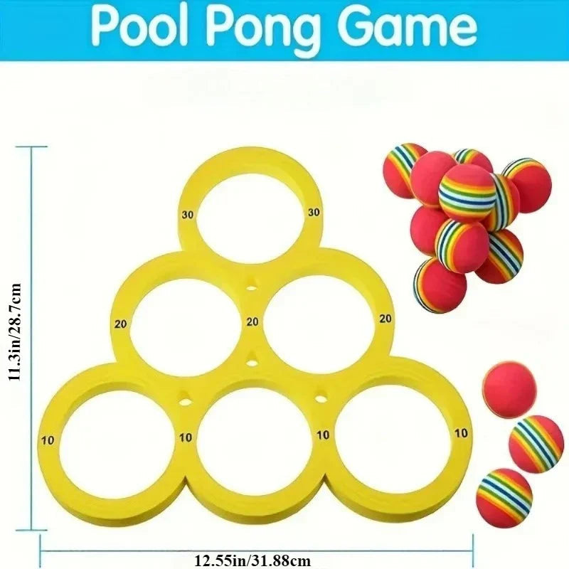 Yellow triangular pool game frame with measurement guides and multicolored balls