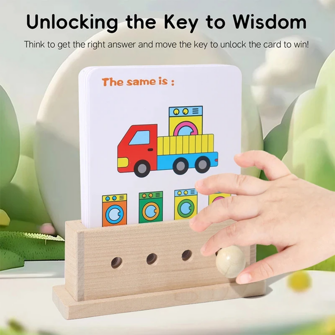 Truck matching puzzle card in a wooden holder with its round-handled answer key.
