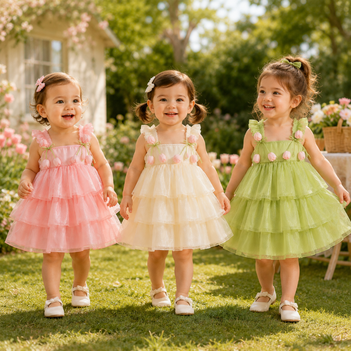 Three children wearing pink, cream, and green tulip dresses outdoors
