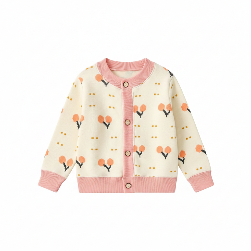 Cream tulip-pattern cardigan with pink neckline, button placket, cuffs, and hem