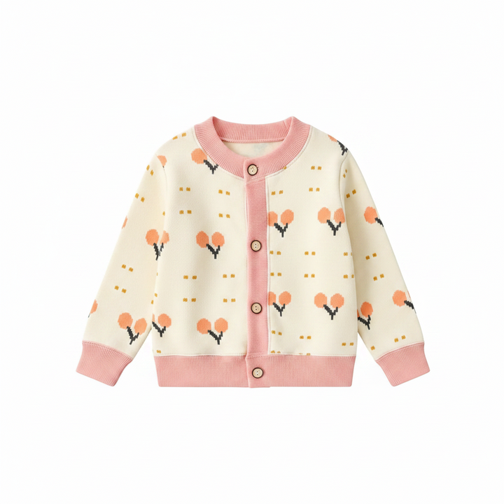Cream tulip-pattern cardigan with pink neckline, button placket, cuffs, and hem