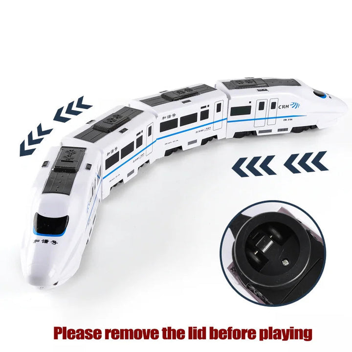 White toy train with turning arrows and a close-up of its underside