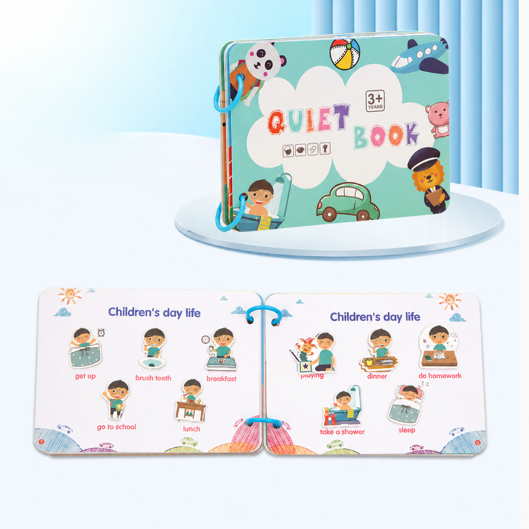Turquoise activity book cover above an open spread showing school, meal, and bedtime routines