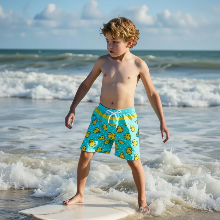 Boy wearing turquoise duck-print swim trunks on a surfboard at the shoreline
