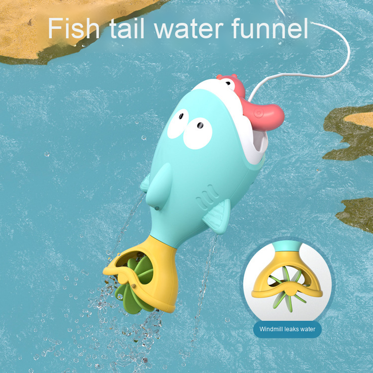 Turquoise bath fish lifted by the pink lure, with a close-up of its tail opening