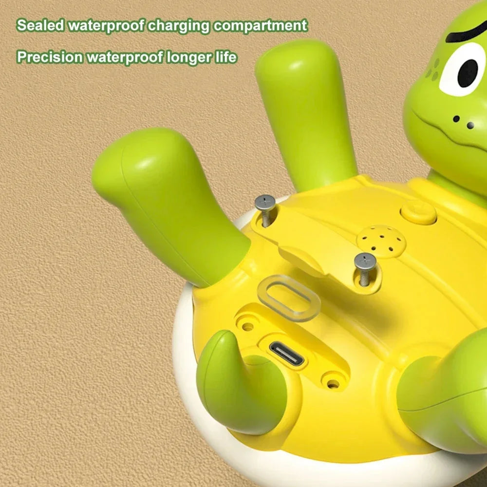 Turtle bath toy with its charging-port cover open.