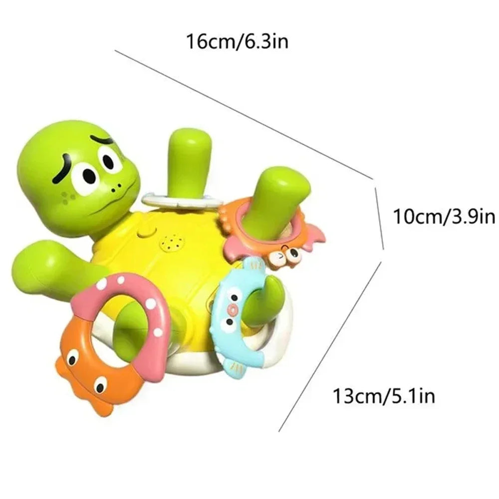 Turtle bath toy measurement graphic showing a 16 × 13 × 10 cm size.