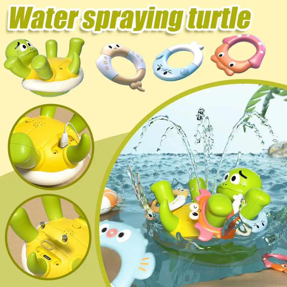 Turtle bath toy shown with colorful animal-shaped rings, water sprays, and two detail close-ups.