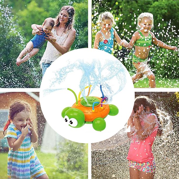 Collage of children and an adult enjoying outdoor water play with a turtle sprinkler.