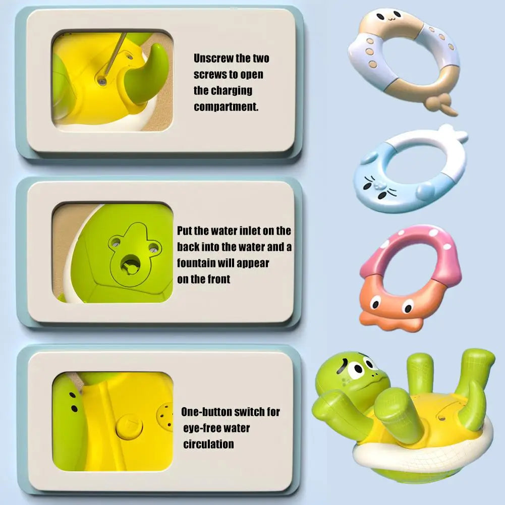 Turtle bath toy guide showing the charging compartment, water inlet, control button, and animal-shaped rings.