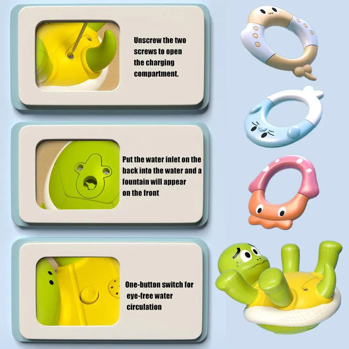 Turtle bath toy guide showing the charging compartment, water inlet, control button, and animal-shaped rings.