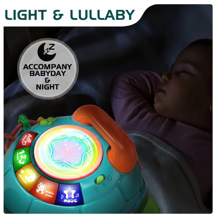 Musical turtle toy with an illuminated multicolor shell beside a resting child